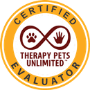 Certified Evaluator badge from Therapy Pets Unlimited.
